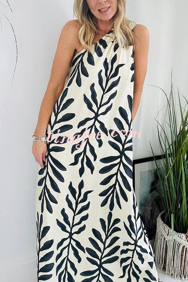 Floral Unique Printed One Shoulder Pocketed Loose Maxi Dress