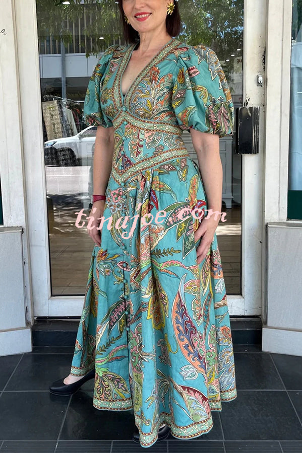 Chic Vacation Linen Blend Unique Print Button Puff Sleeve Pocket Maxi Dress