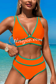 Solid Color Contrast High Waist Stretch Bikini Swimsuit