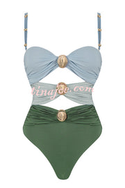 Color Block Patchwork Hollow Metal Decorative Stretch One-piece Swimsuit