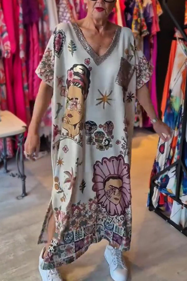 Fashion Printed V-neck Short-sleeved Casual Loose Maxi Dress