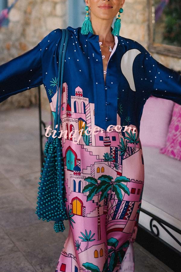 Seaside Stroll Satin Unique Print Button Up Long Sleeve Slit Kaftan Midi Dress