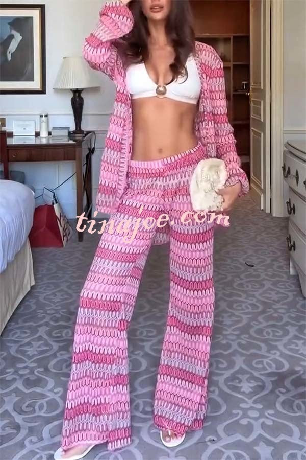 Beach Style Knit Unique Print Long Sleeve Kimono Shirt and Stretch Wide Leg Pants Set