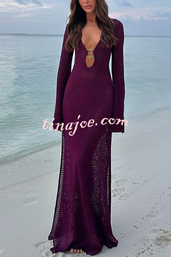 Seaside Goddess Crochet Knit Hollow Out Golden Ring Long Sleeve Cover-up Maxi Dress