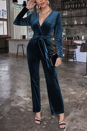 Solid Color Velvet Deep V Belt Slim Jumpsuit