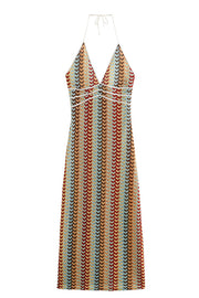 Playful Colorful Knit Holiday Style Halter Neck Maxi Dress