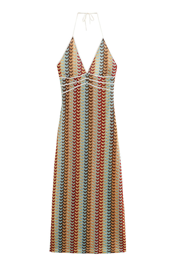 Playful Colorful Knit Holiday Style Halter Neck Maxi Dress