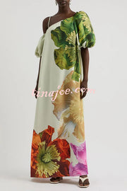 Floral Print Slant Collar Puff Sleeves Loose Holiday Maxi Dress