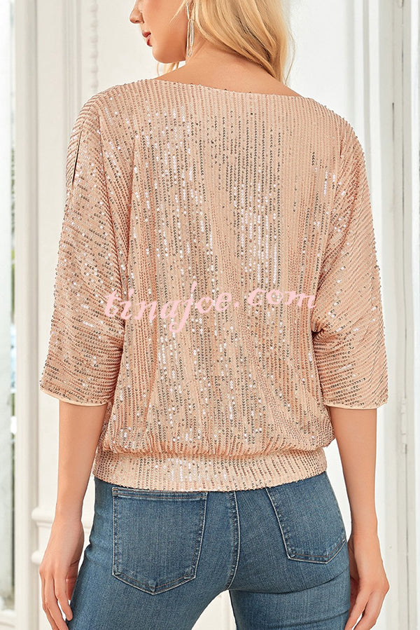 Solid Color Sequined Loose Round Neck Casual Top