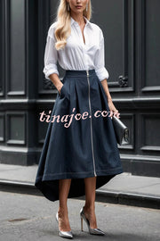 Effortless Charm Front Zipper Detail Pocketed High Low Pleated Midi Skirt