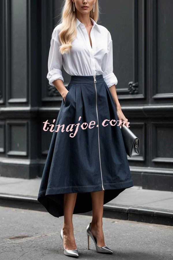 Effortless Charm Front Zipper Detail Pocketed High Low Pleated Midi Skirt