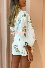Fancy Antique Floral Print Elasticated Cuff and High Rise Shorts Set