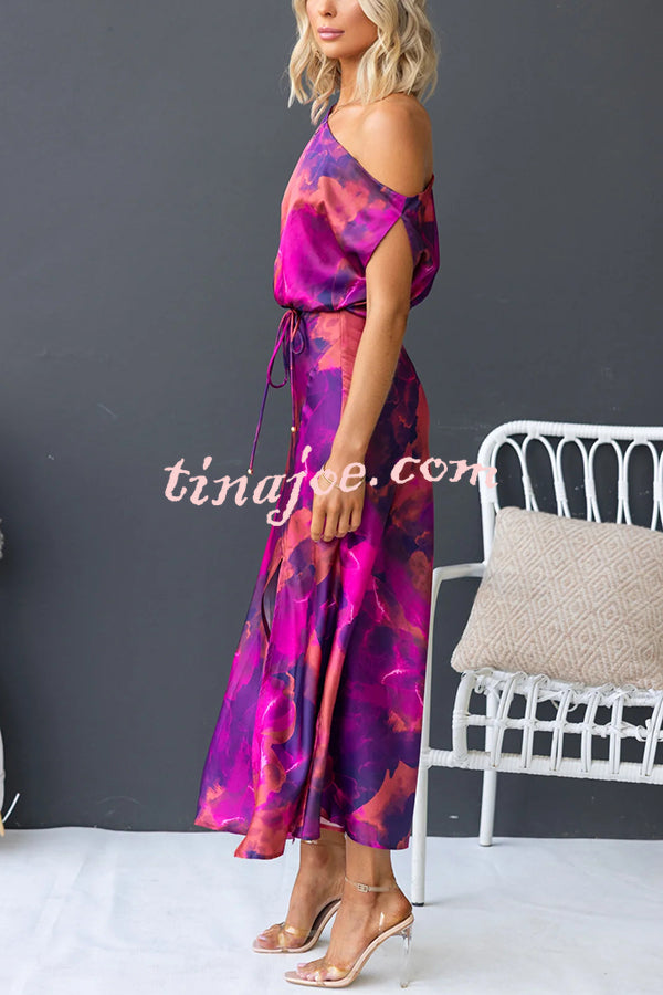 Winona Satin Floral Print One Shoulder Balloon Sleeve Tie-up Maxi Dress