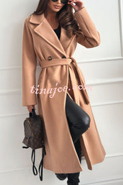 Solid Color Lapel Long Sleeve Waist Tie Long Coat