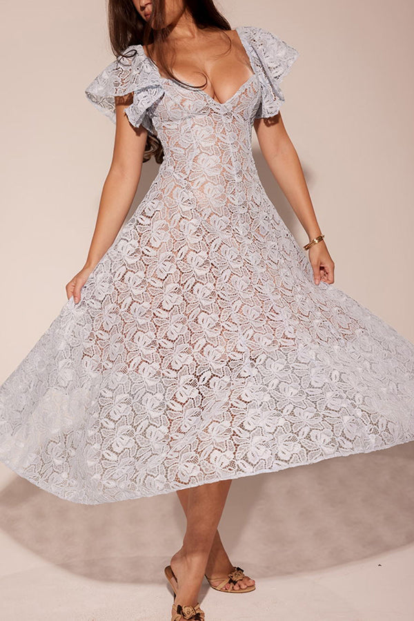 Romantic Atmosphere Bluebell Lace Butterfly Sleeve Sweetheart Neck Stretch Midi Dress