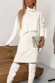 Solid Color Turtleneck Sweater and Knee Length Dress Set