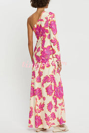 Rhia Satin Floral Print One Shoulder Flared Maxi Dress