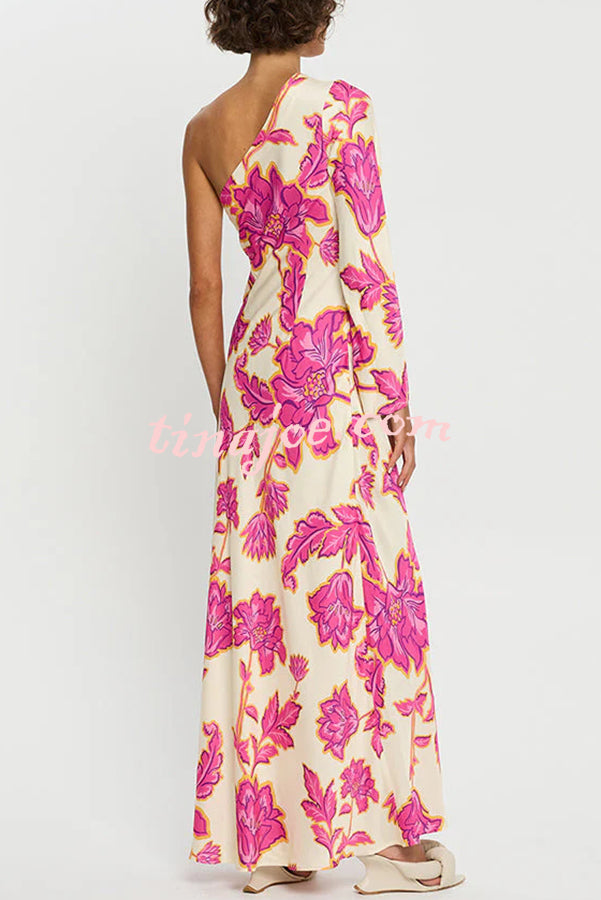 Rhia Satin Floral Print One Shoulder Flared Maxi Dress