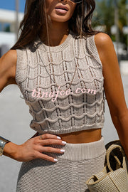 Solid Color Hollow Sleeveless Round Neck Knitted Vest and Stretch Casual Straight Pants Set