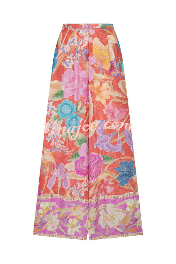 Painter's Garden Boho Floral Print  Elastic Waist Pocketed Wide Leg Pants