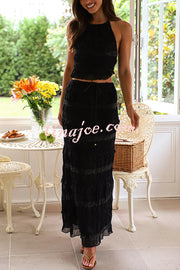 Feel Chic and Romantic Sequin Textured Material Back Elastic Halter Tie Tank