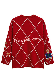 Argyle Candy Gingerbread Man Embroidered Button-knit Cardigan