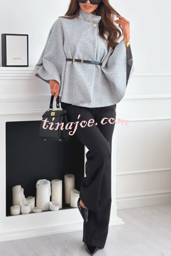 Elegant Moment Woolen Button Turtleneck Belted Oversized Cape