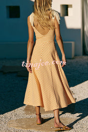 Striped Print V-Neck Lace-Up Backless Holiday Midi Dress
