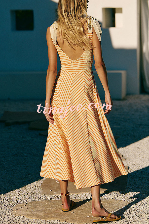 Striped Print V-Neck Lace-Up Backless Holiday Midi Dress