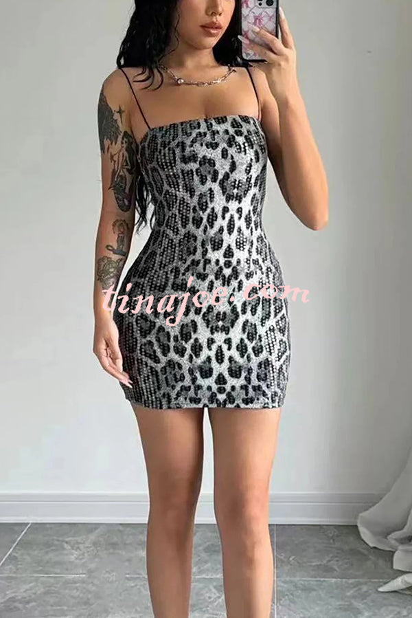 Leopard Print Sequin Sexy Sling Slim Fit Mini Dress