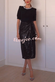 Crushing on You Sequin High Rise Wrap Tie-up Slit Midi Skirt