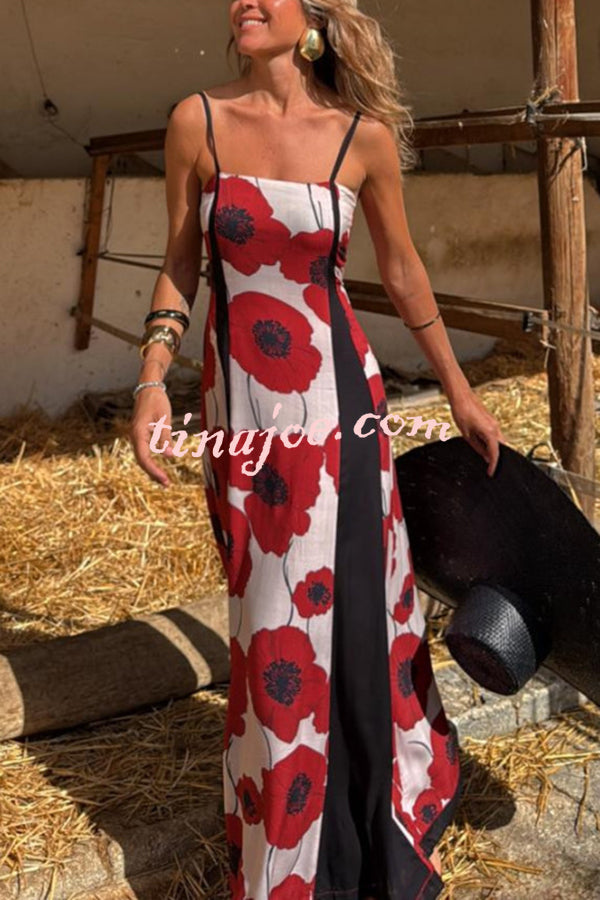 Floral Print Suspenders Paneled Back Pleated Maxi Dress