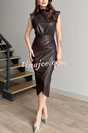 Elouise Faux Leather Turtleneck Shoulder Pads Ruched Slit Midi Dress