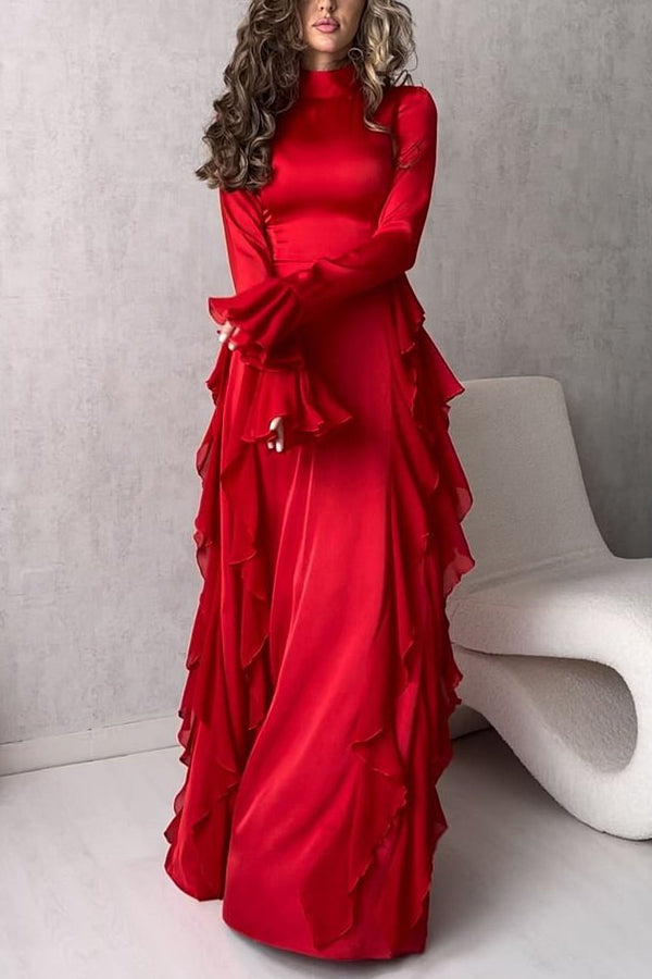 Cline Solid Color High Neck Long Sleeve Elegant Ruffles Maxi Dress