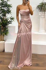 Audrey Satin Paneled Mesh Sequin Fabric Off Shoulder Ruched Drape Maxi Dress