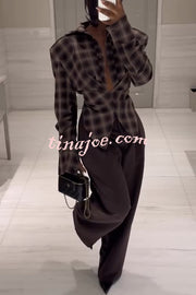 Vintage Plaid Shoulder Pad Buttons Long Sleeve Angled Hem Shirt