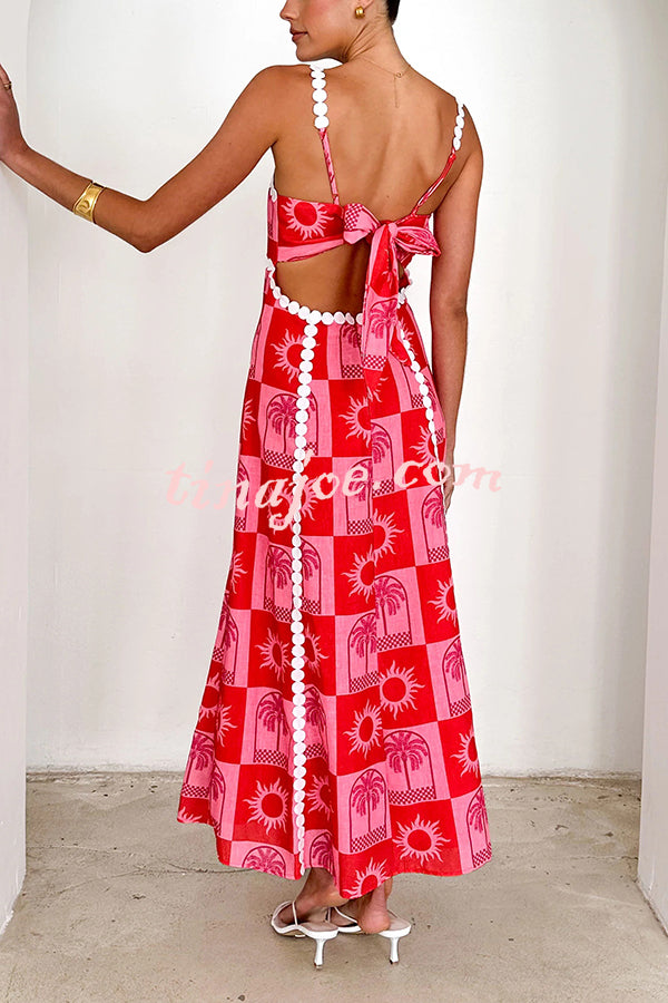 Holiday Style Unique Print Sexy Sling Open Back Lace Up Maxi Dress