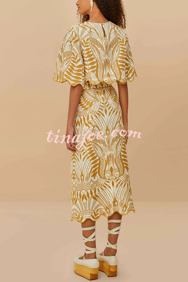 Korra Linen Blend Unique Print Wave Trim Bell Sleeve Top and Elastic Waist Pocket Midi Skirt Set
