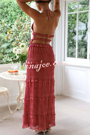 Feel Chic and Romantic Sequin Textured Material Back Elastic Halter Tie Tank and Drawstring Waist Tiered Maxi Skirt Set