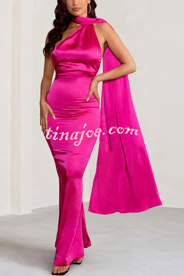 VIP Party Satin Asymmetric Scarf Neck Backless Maxi Dress