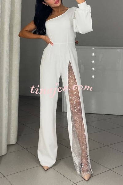 Fashionable Oblique Shoulder One-sleeve Sexy High Slit Slim Jumpsuit