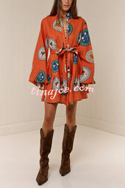 Linen Blend Unique Print Tie Waist Loose Mini Dress