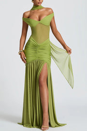 Raise The Level Mesh Off Shoulder Ruched Scarf Stretch Maxi Dress