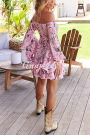 Floral Print Off The Shoulder Pleated Bell Sleeve Fitted Mini Dress