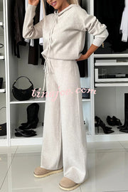 Solid Color Loose Hooded Tie Sweatshirt and Elastic Waist Casual Straight Pants Set