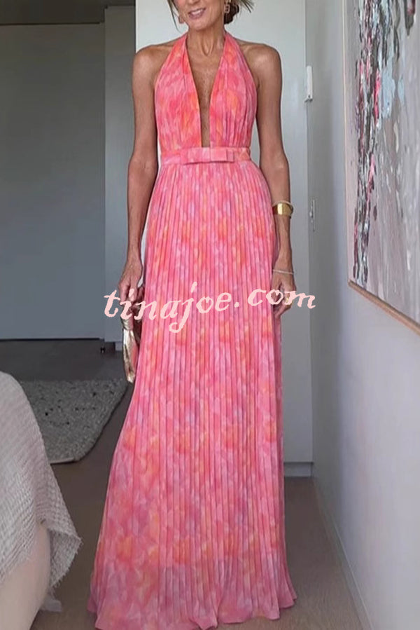 Unique Print Sexy Halter Neck Tie Pleated Vacation Maxi Dress