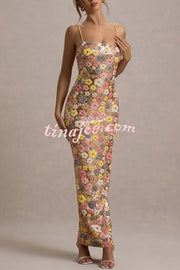 80's Inspired Floral Print Sequin Square Neck Slip Stretch Maxi Dress