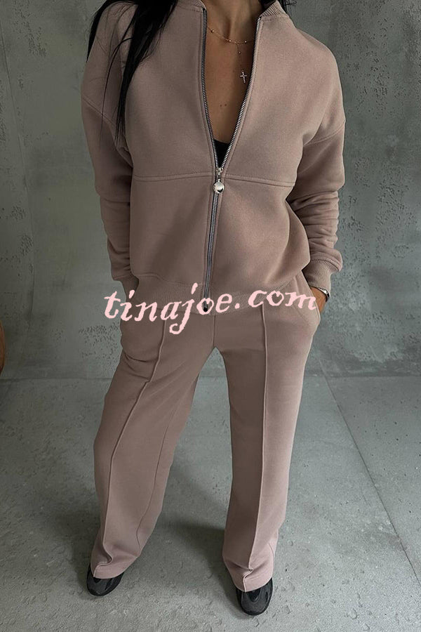 Solid Color Casual Long Sleeve Zipper Jacket and Elastic Waist Pocket Wide Leg Pants Set