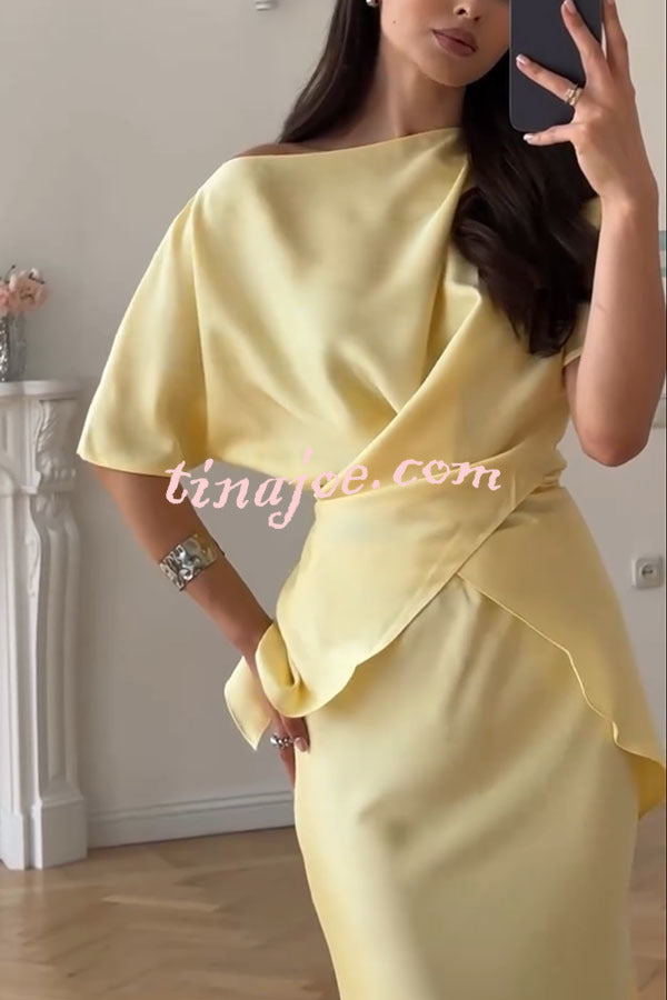 Secret of Elegance Satin Slit Back Lace-up Top and Elastic Waist Flare Maxi Skirt Set