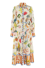 Hopeful Moments Tropical Fruit Print Balloon Sleeve Patchwork Shirt Midi Dress